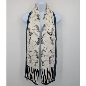 NEW Talbots 100% Silk Zebra Print Long Scarf Blue Black White NWT Safari Themed